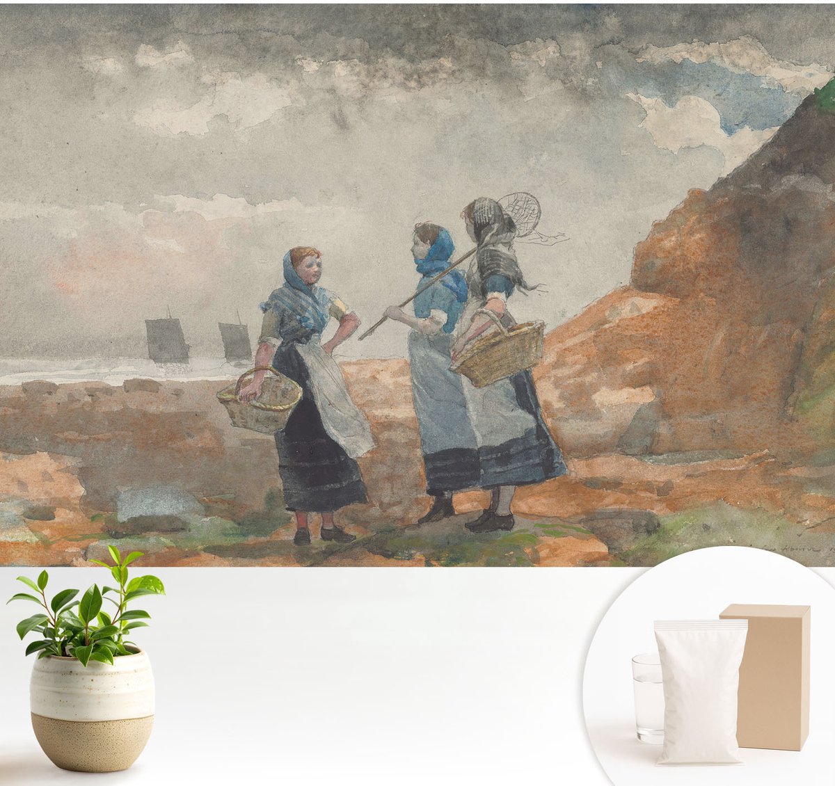 Wallfluent Fotobehang - Grijs Vliesbehang - 104x70 cm - Een Serene Kust Muurschildering - Gang behang Deel - Fotobehang Vlies - Gang behang