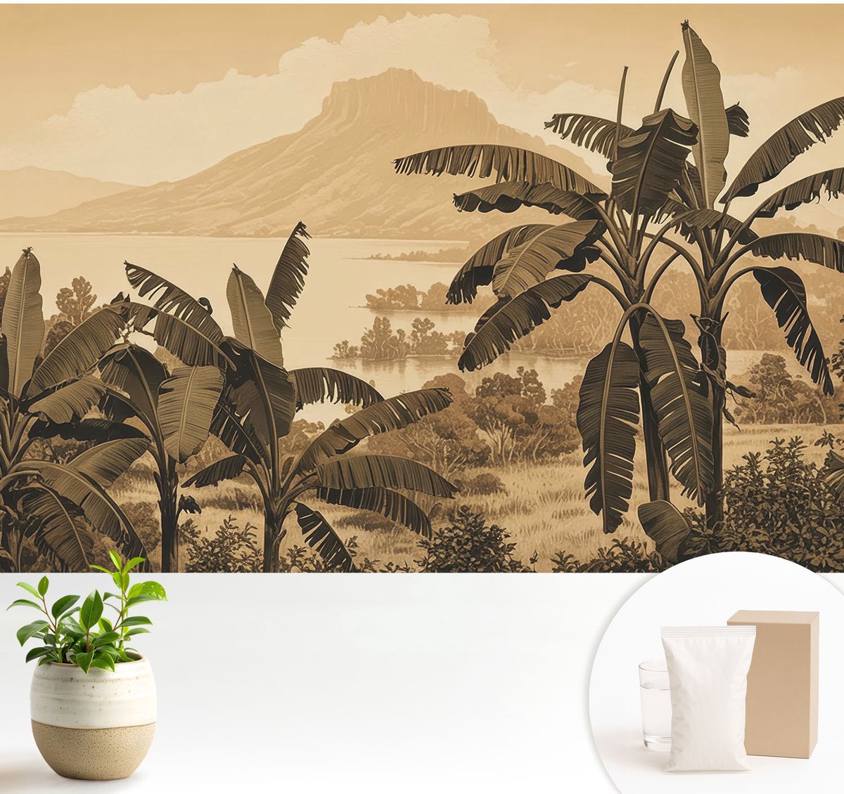 Wallfluent Fotobehang - Beige Vliesbehang - 104x70 cm - Tropisch Panorama Fotobehang Vlies - Hal behang Landschappen - Muurschildering - Woonkamer behang