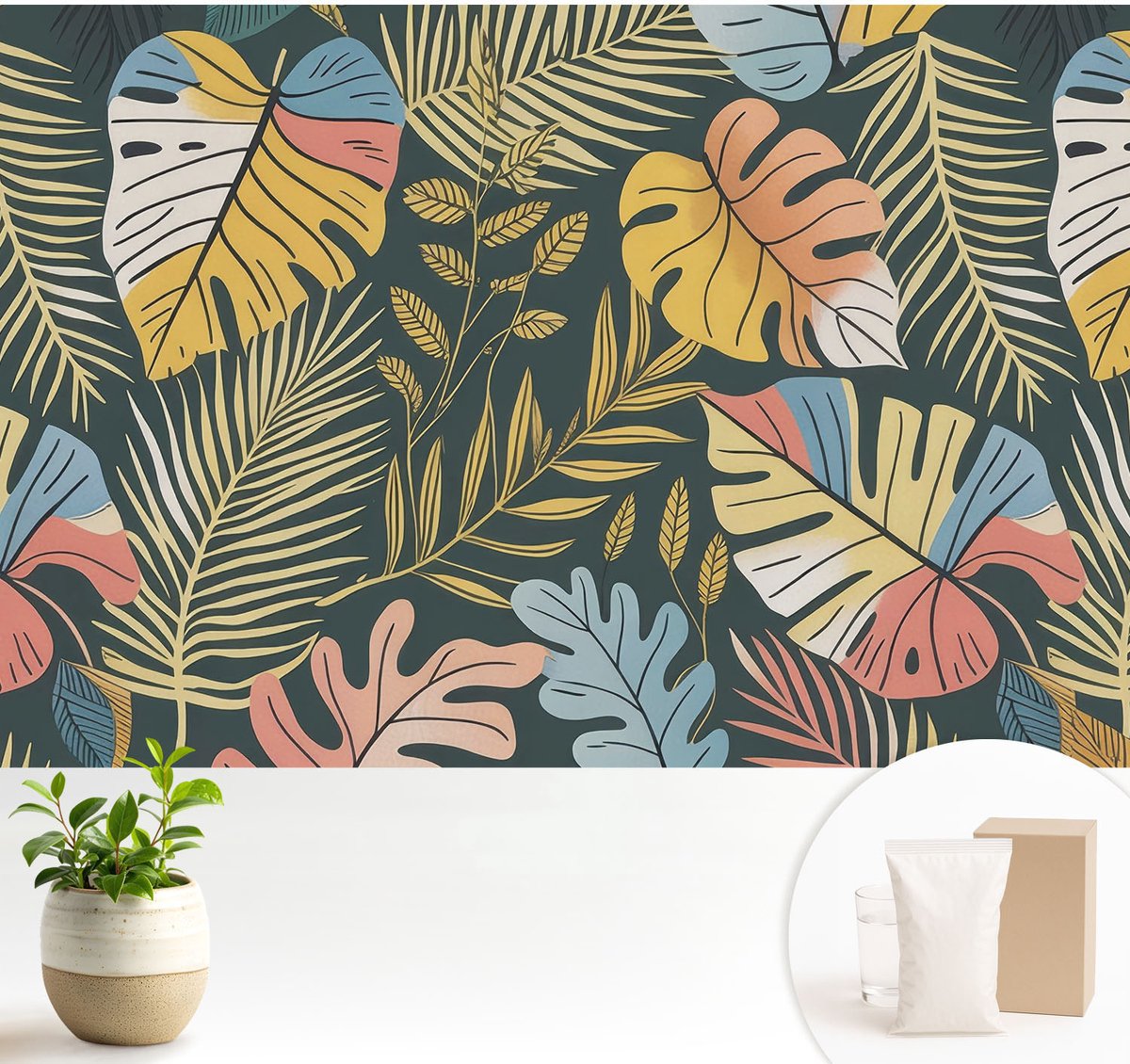 Wallfluent Fotobehang - Geel Vliesbehang - 104x70 cm - Tropische Energie Fotobehang Vlies - Woonkamer behang Bloemen En Planten - Muurschildering - Woonkamer behang