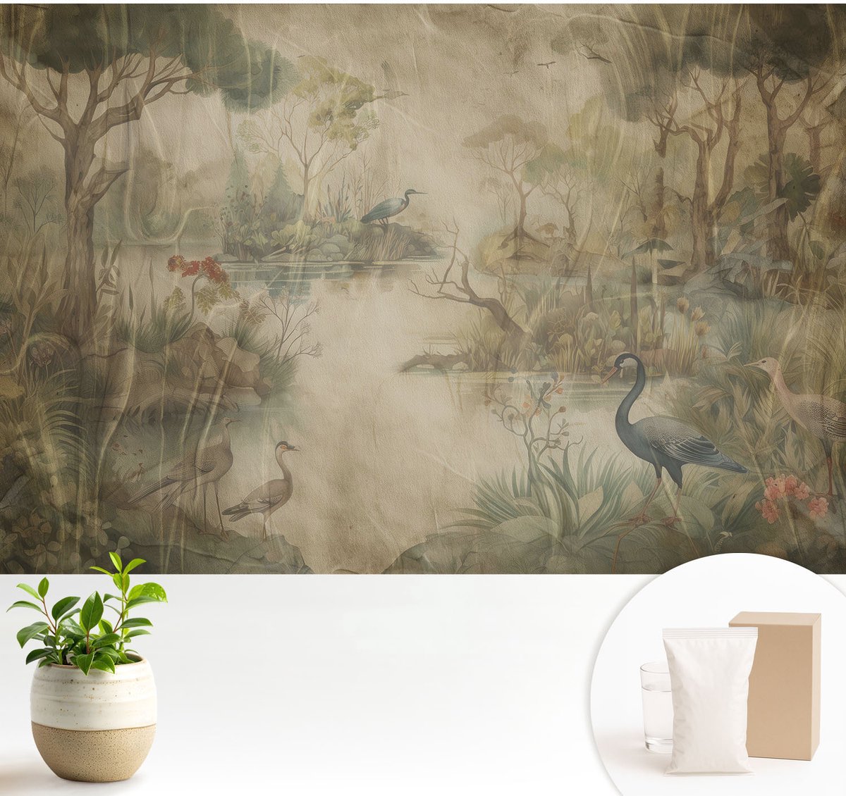 Wallfluent Fotobehang - Beige Vliesbehang - 104x70 cm - Boslandschap Muurschildering - Slaapkamer behang Bloemen En Planten - Fotobehang Vlies - Gang behang