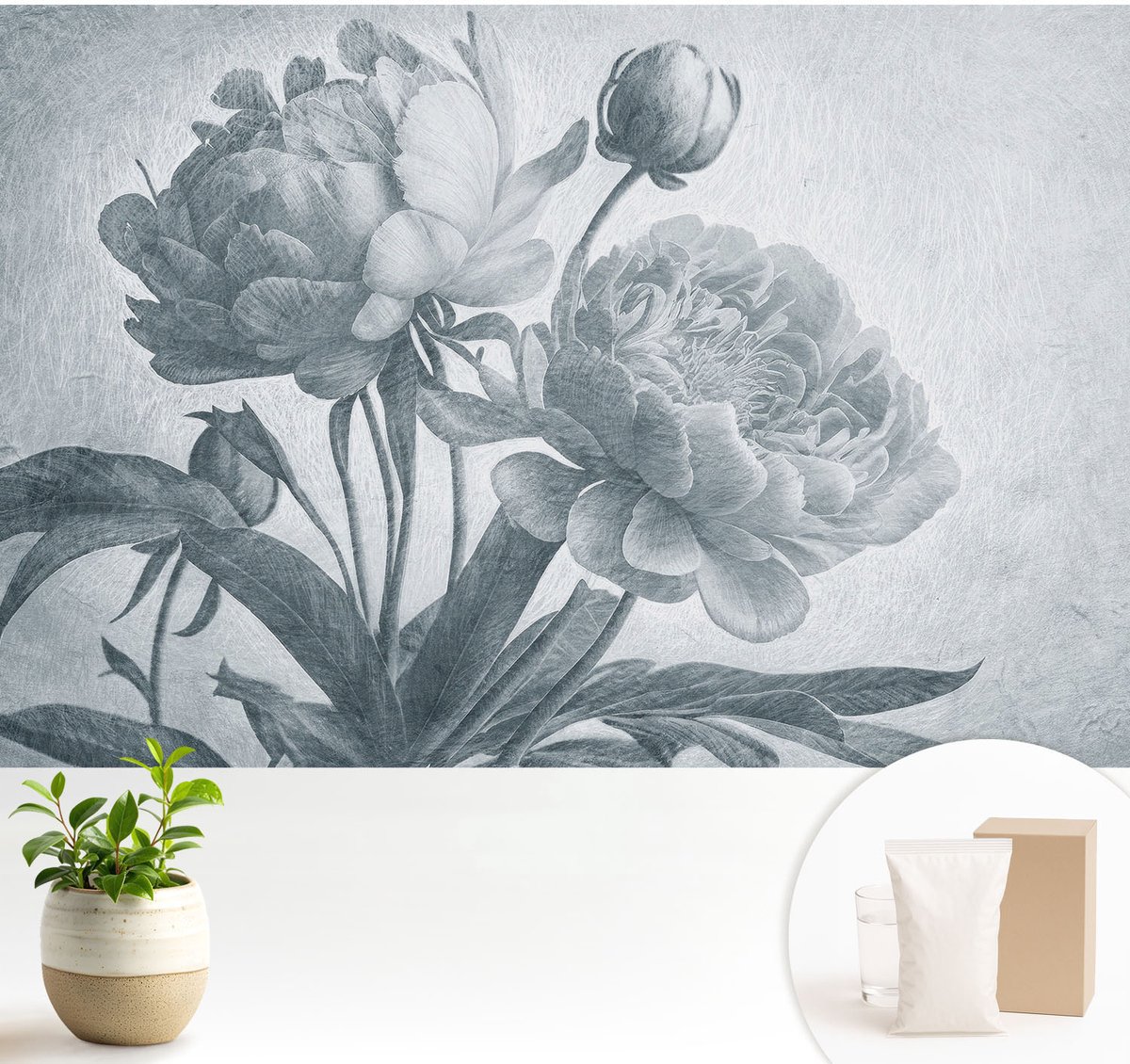 Wallfluent Fotobehang - Grijs Vliesbehang - 104x70 cm - Bloemenchic Muurschildering - Gang behang Bloemen En Planten - Fotobehang Vlies - Slaapkamer behang