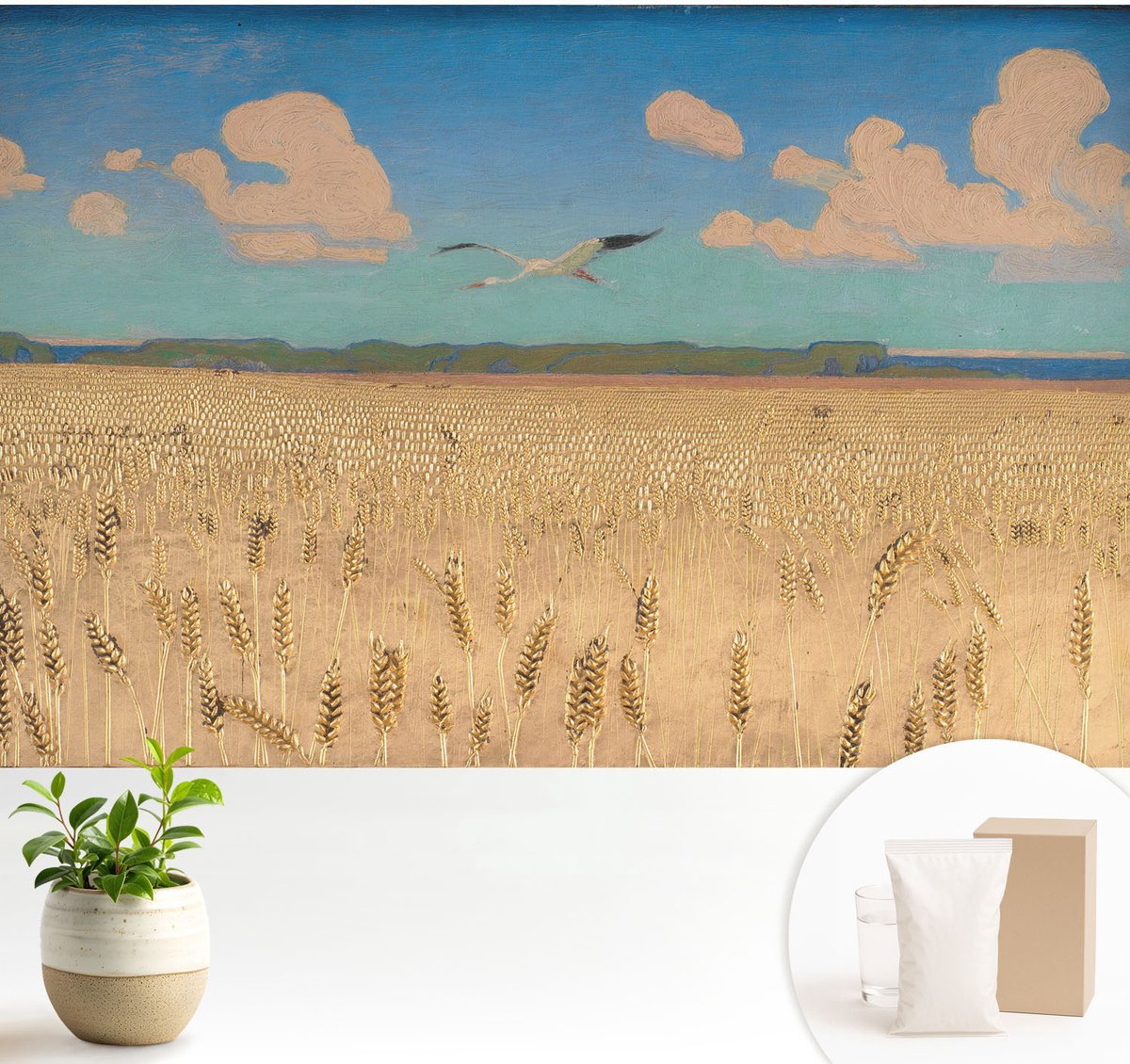 Wallfluent Fotobehang - Wit Vliesbehang - 104x70 cm - Tarweveld Fotobehang Vlies - Woonkamer behang Landschappen - Muurschildering - Woonkamer behang