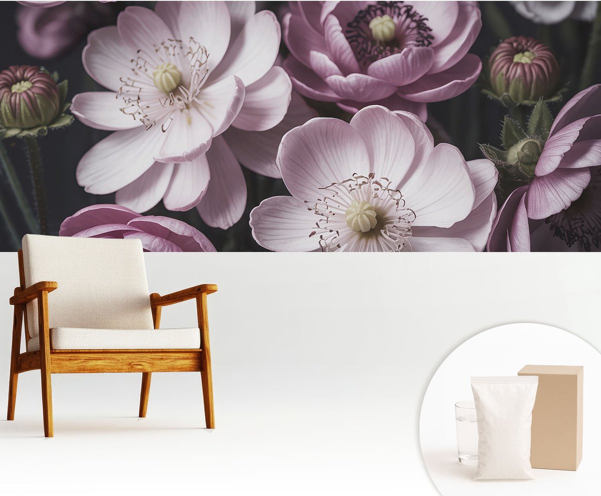 Wallfluent Fotobehang - Roze Vliesbehang - 250x104 cm - Bloemige Elegantie Fotobehang Vlies - Woonkamer behang Bloemen En Planten - Muurschildering - Woonkamer behang