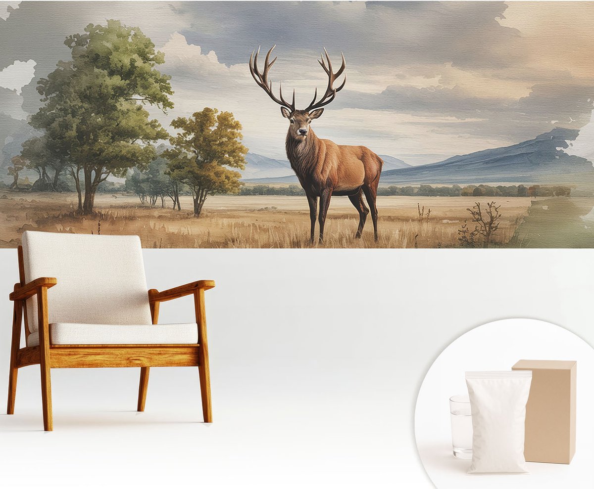 Wallfluent Fotobehang - Grijs Vliesbehang - 250x104 cm - Majestueuze Herten Muurschildering - Slaapkamer behang Landschappen - Fotobehang Vlies - Slaapkamer behang