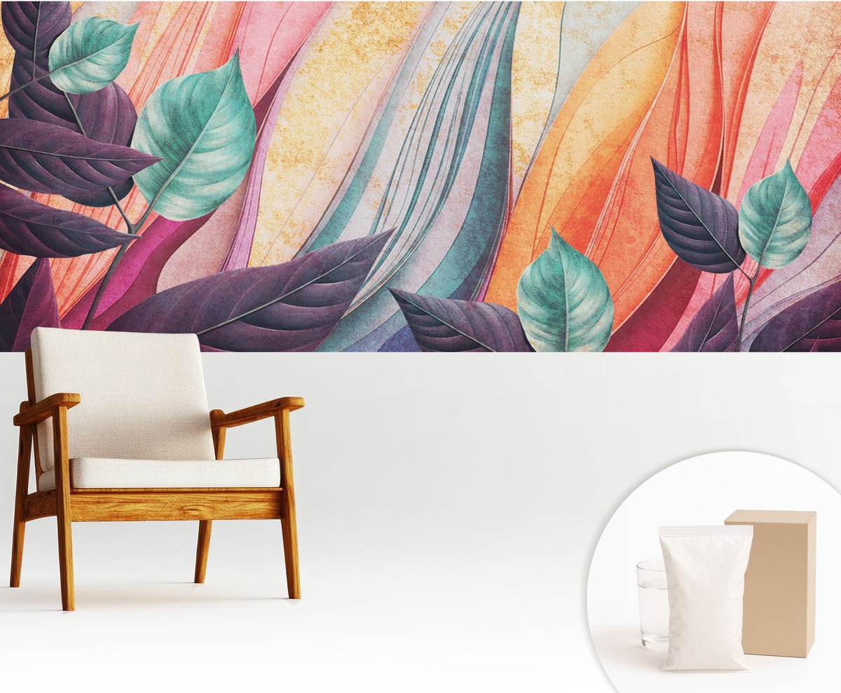 Wallfluent Fotobehang - Paars Vliesbehang - 250x104 cm - Abstracte Bladeren Fotobehang Vlies - Woonkamer behang Bloemen En Planten - Muurschildering - Woonkamer behang
