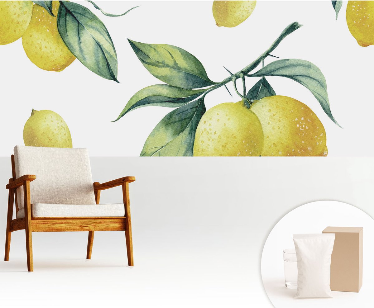Wallfluent Fotobehang - Geel Vliesbehang - 250x104 cm - Citroenmotief Fotobehang Vlies - Hal behang Bloemen En Planten - Muurschildering - Woonkamer behang