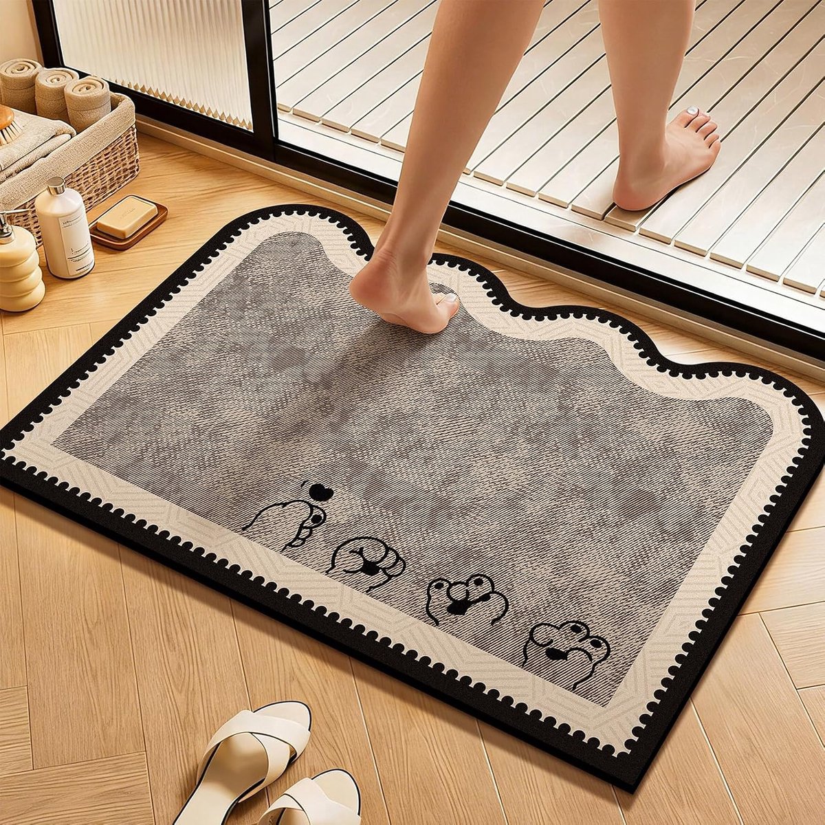 Schattige Cartoon Silicone Slim Badmat, Anti-slip Waterzuigende Badkamer Tapijt met Vintage Zegel Rand, Badkamer Keuken Slaapkamer Decoratie Douche Tapijt (Sector Rand - Minimalistische Kat Claw) 50 cm x 80 cm