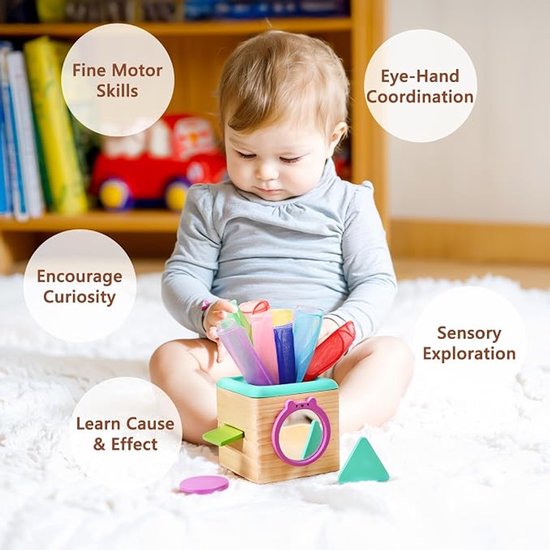 Houten tissuebox speelgoed voor baby's - Montessori tissuebox speelgoed, geschikt voor baby's vanaf 12 maanden, bevat 3 vormpjes en 8 velletjes tissuepapier, geschikt voor zowel jongens als meisjes. — afbeelding 2