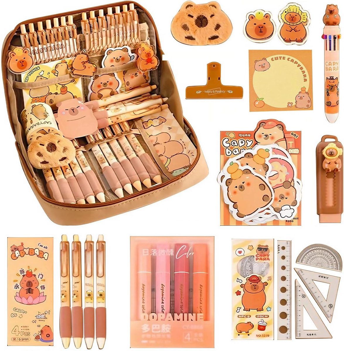 SnelShoppen - Multifunctionele Capybara Pennenzak met Compartimenten, Pennen, Liniaal, Notitieboekje en Stickers voor Kinderen en Studenten - Perfect