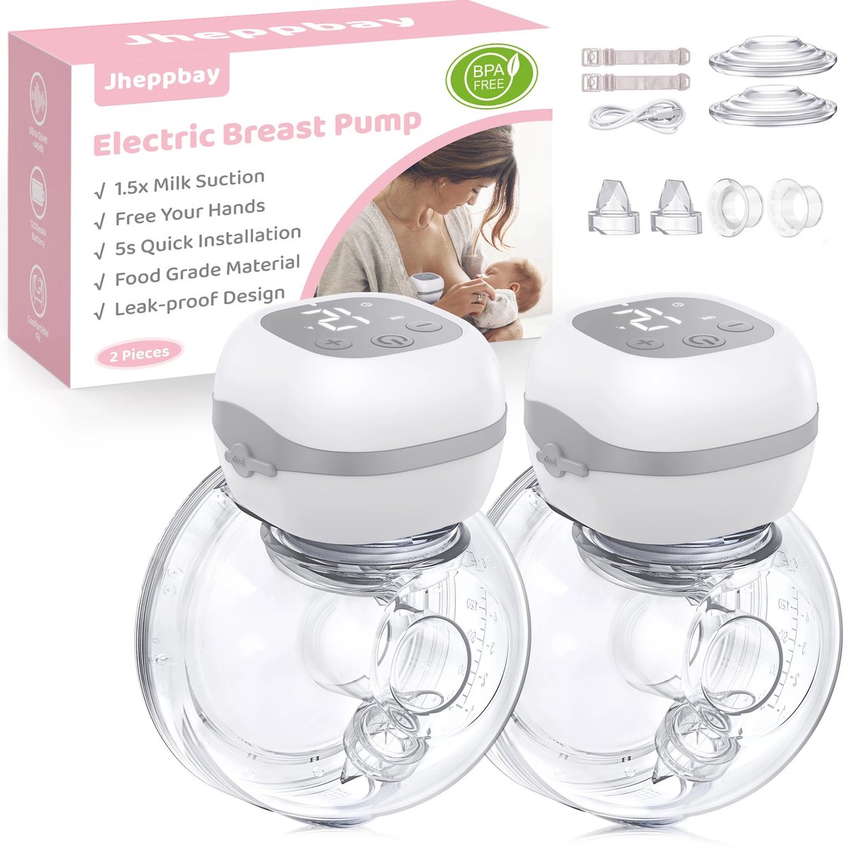 Cherrys Finds - Borstkolf - Elektrische Borstkolf - Kolf - Borstkolf Handsfree - Borstkolf Draadloos - Draagbaar - Dubbel - 2 Stuks - BPA Vrij - Verschillende Standen - Grijs