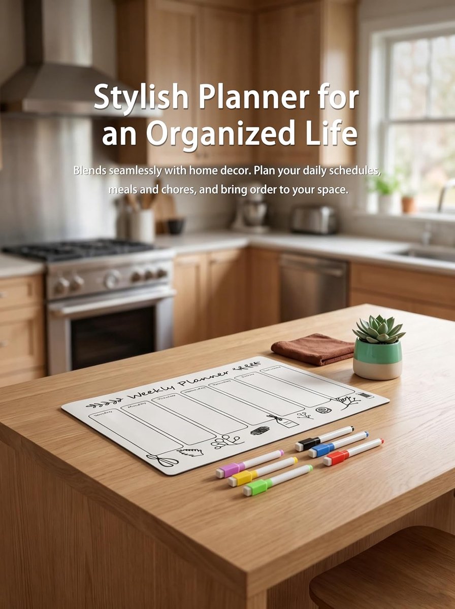 Whiteboard, weekplanner, afwasbaar, met 6 magnetische markers, uurplanner, zelfklevend, voor koelkast, perfect als familieplanner, maaltijdplanner, schoonmaakplanner of to-do-lijst, 40 x 30 — cadeau in Kalenders & Planners - foto 2