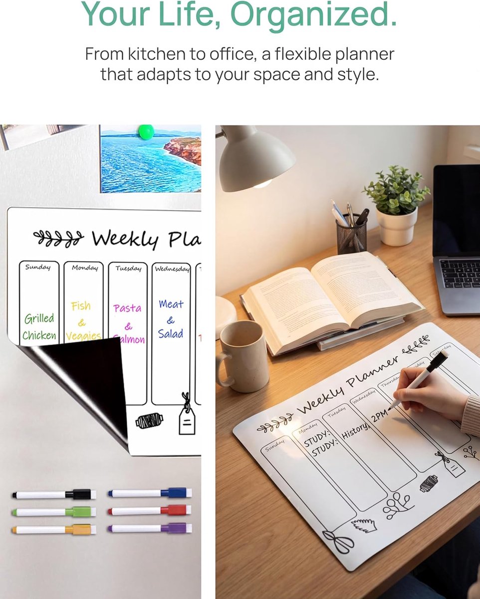 Whiteboard, weekplanner, afwasbaar, met 6 magnetische markers, uurplanner, zelfklevend, voor koelkast, perfect als familieplanner, maaltijdplanner, schoonmaakplanner of to-do-lijst, 40 x 30 — cadeau in Kalenders & Planners - foto 7