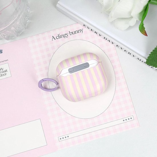 Compatibel met AirPods 4 hoes met reinigingsset, schattig gestreept patroon, esthetisch design, stootvaste en krasbestendige TPU-beschermhoes met sleutelhanger, voor vrouwen en meisjes, paars — afbeelding 4