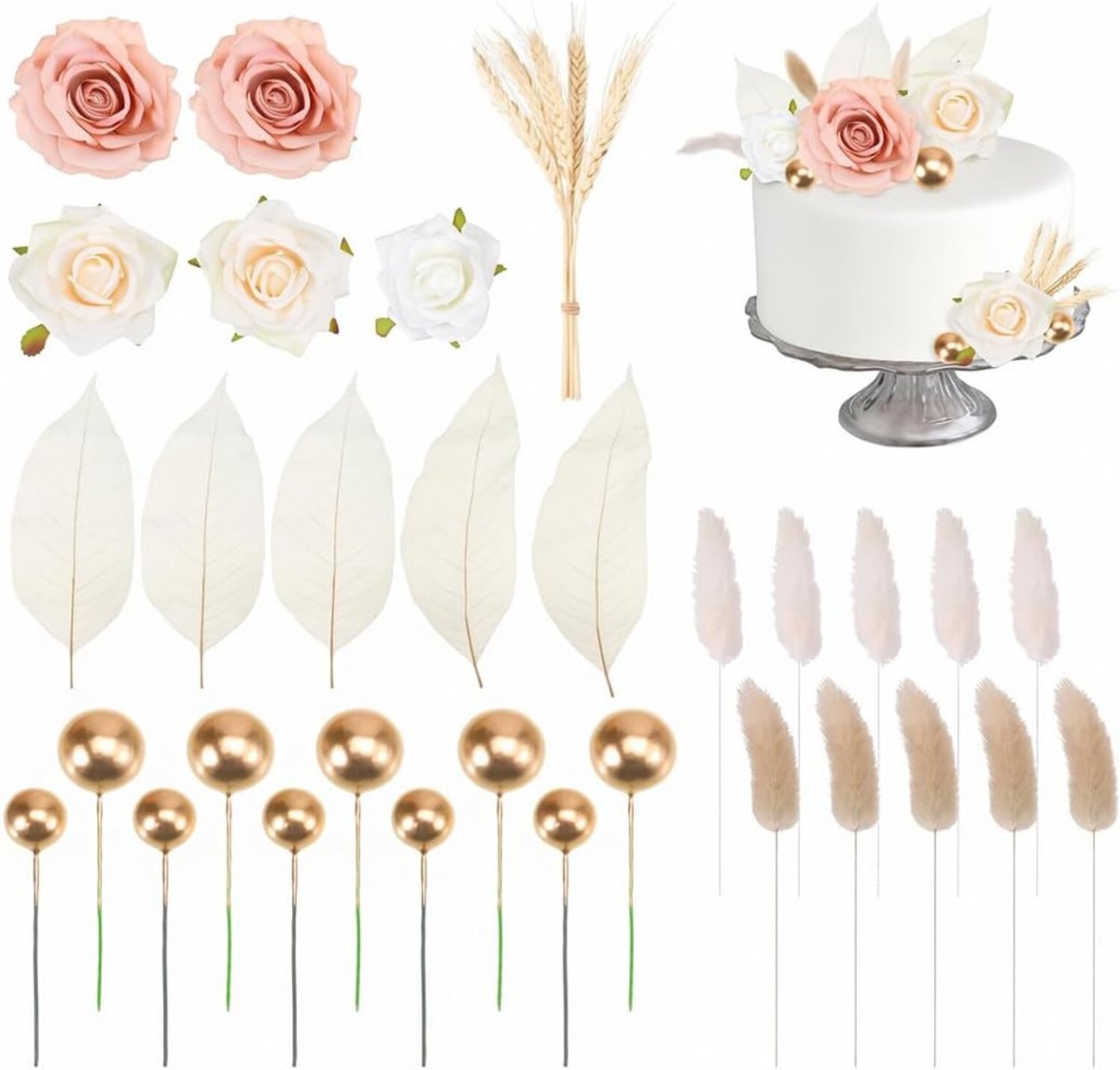 35 stuks boho taartdecoraties, taarttoppers, kunstbloemen, magnoliabladeren, gerst, boeket droogbloemen, gouden ballen, meisjes en vrouw, neptaarten, klaar