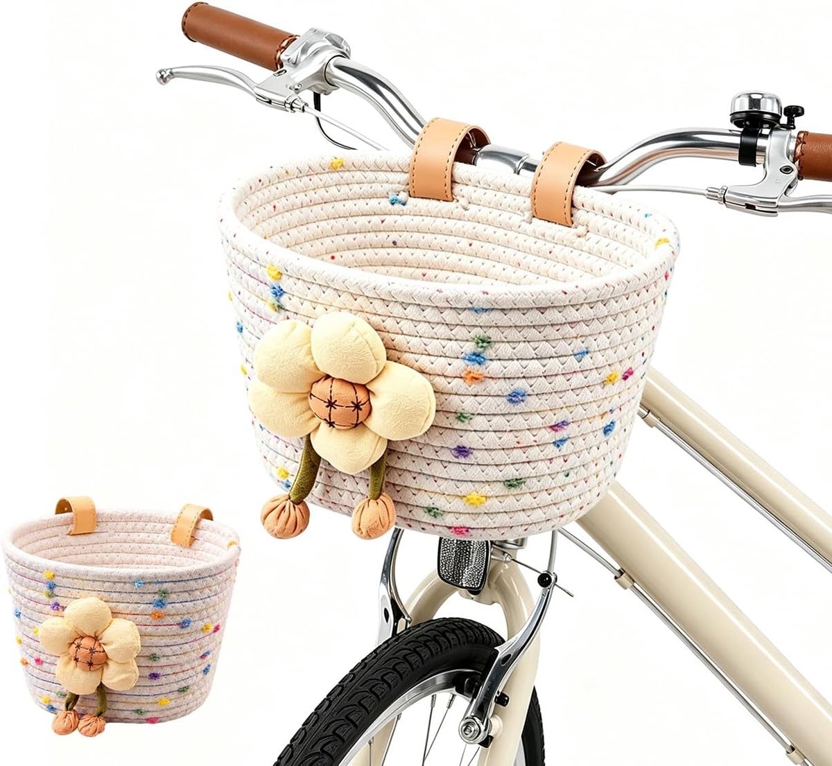 Voor, handgemaakte katoenen gevlochten kinderstuurmand, fietsmand, met verstelbare riem, kinderfiets, met bloemendecoratie, fietsmand voor meisjes en jongens (paars)