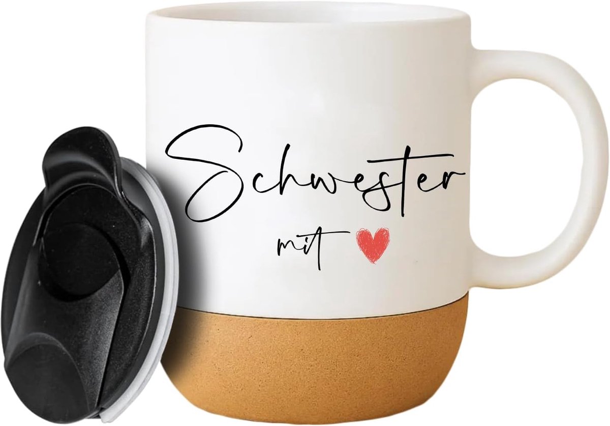 Zus, porseleinen koffiebeker mok wit met deksel 375 ml, cadeau voor zus, verjaardag, Valentijnsdag, Pasen, Kerstmis