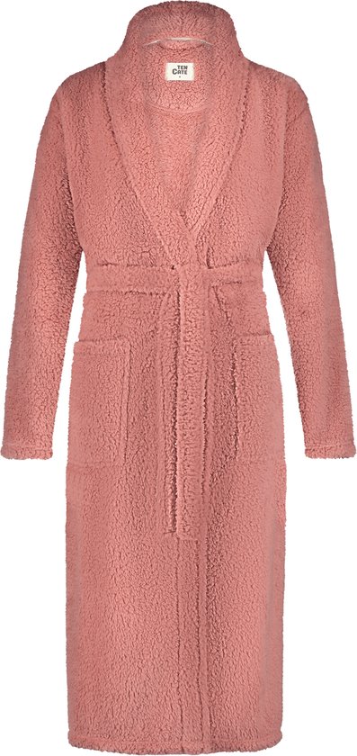 Roze teddy badjas met ceintuur, sjaalkraag, lange mouwen en opgestikte zakken.