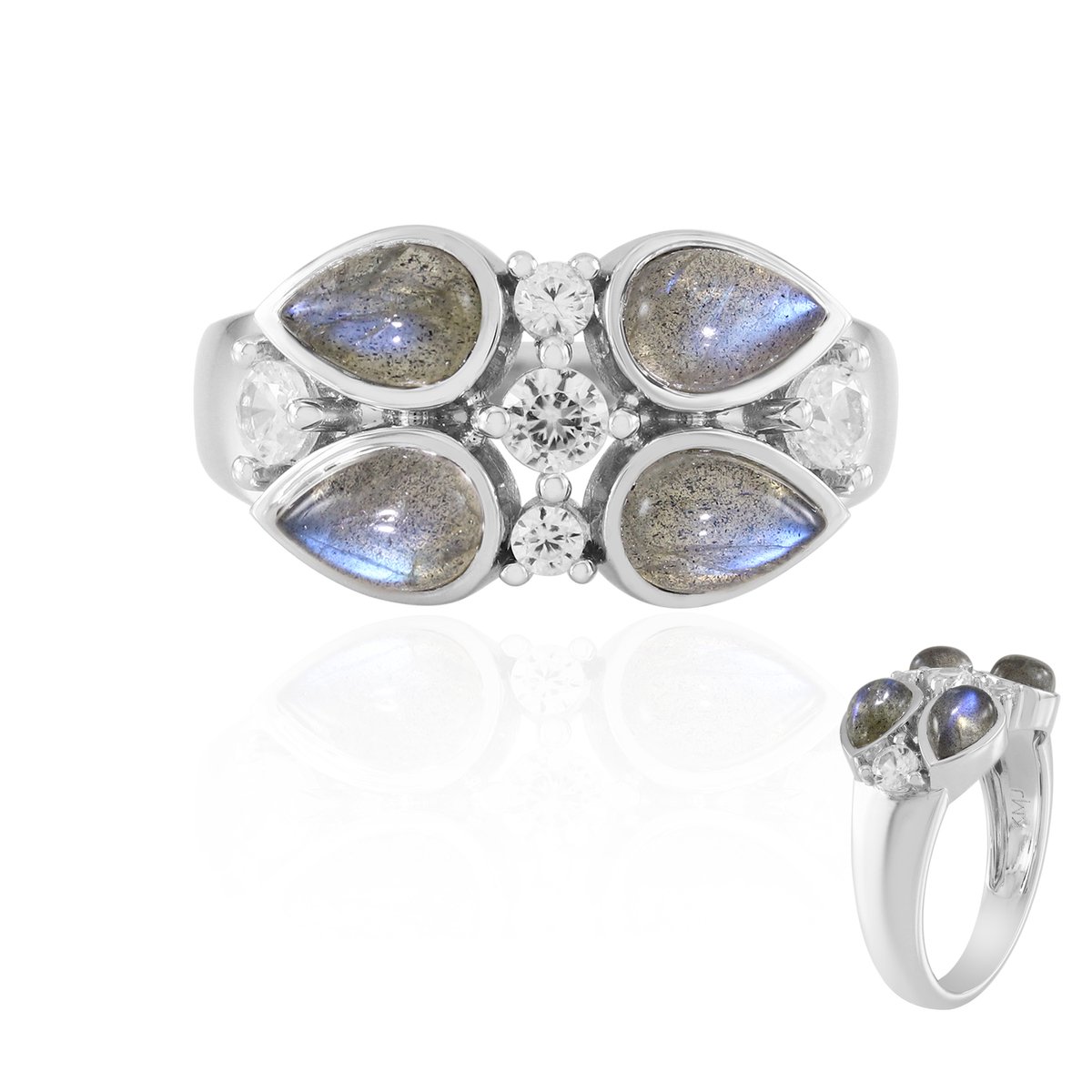 Cavill - Elegante Zilveren Ring - 925 Sterling - 1,8 Ct Blauwe Maniry Labradoriet - 0,55 Ct Cambodjaanse Zirkonia - Peervorm