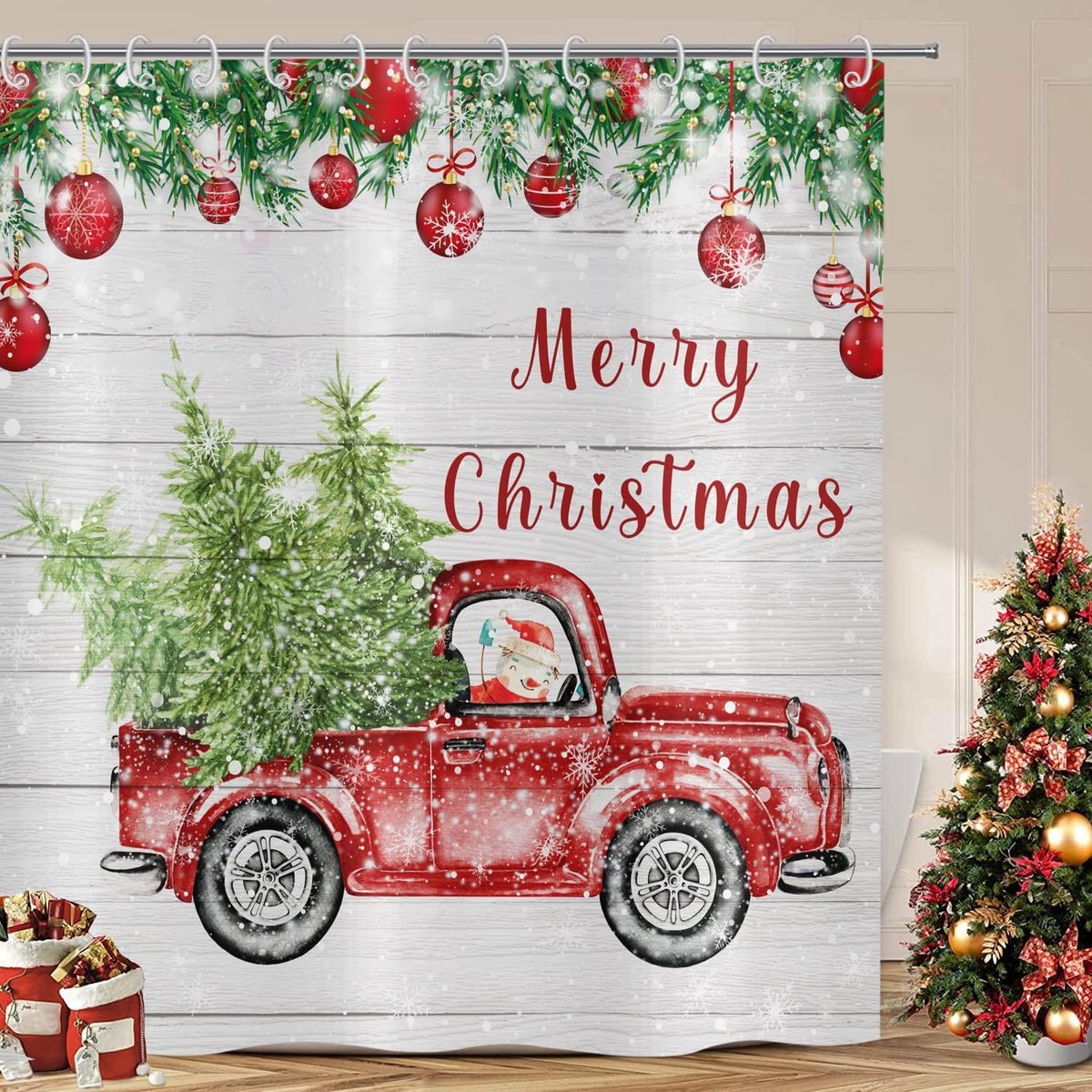 Douchegordijn, 180 x 200 cm, retro houtnerf, rood, vrachtwagen, sneeuwpop, kerstboom, badkamer, wasbaar, douchegordijnen, polyester, textiel, waterdicht, douchegordijn voor de badkuip