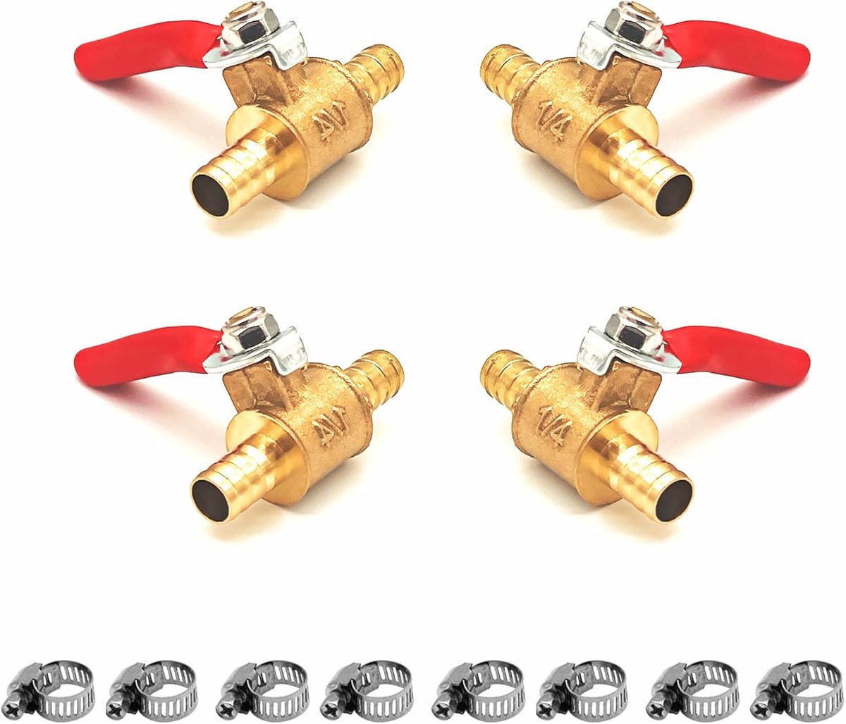 Kogelkraan set van 4 met 8 slangklemmen, 2-weg (8 mm)