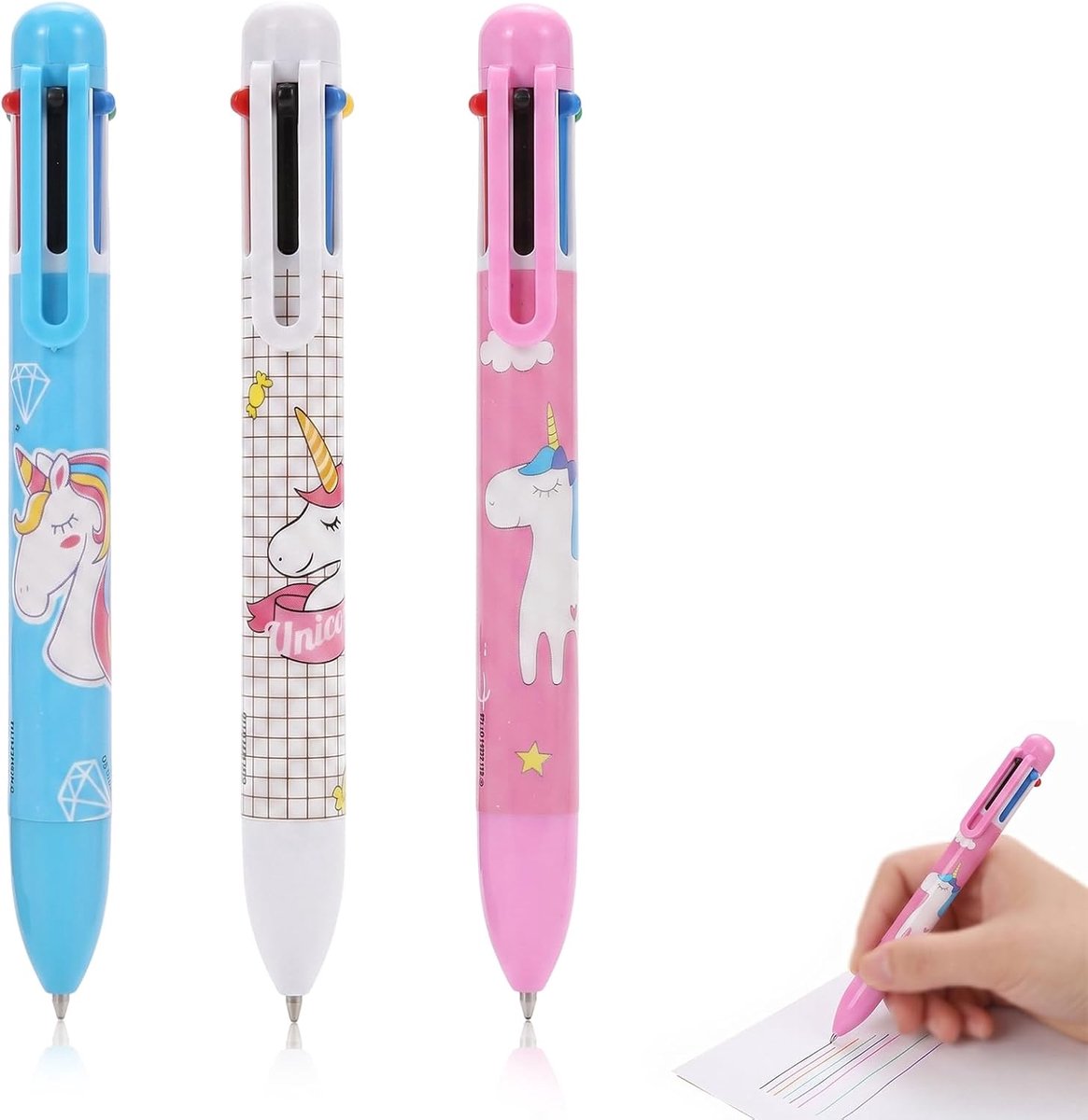 Balpennen, 6 kleuren, eenhoorn, meerkleurig, intrekbaar, voor kinderen en studenten, 0,7 mm punt, ideaal voor school, kantoor en notities (blauw, wit, roze)