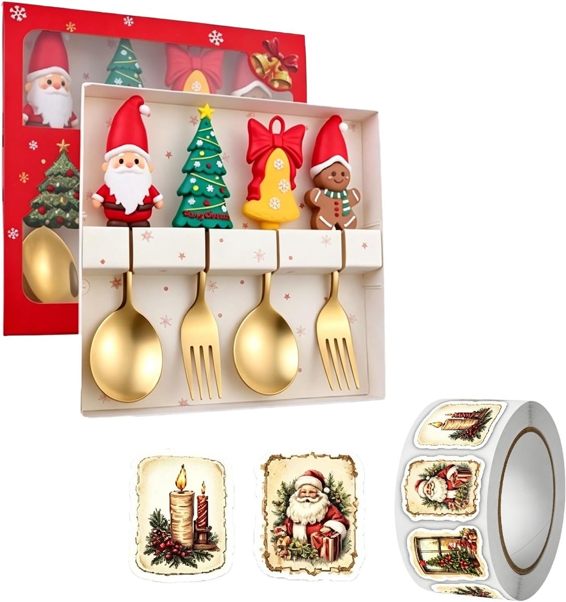 Kerstbestek 4-delig roestvrij staal lepel vork kerstmotief