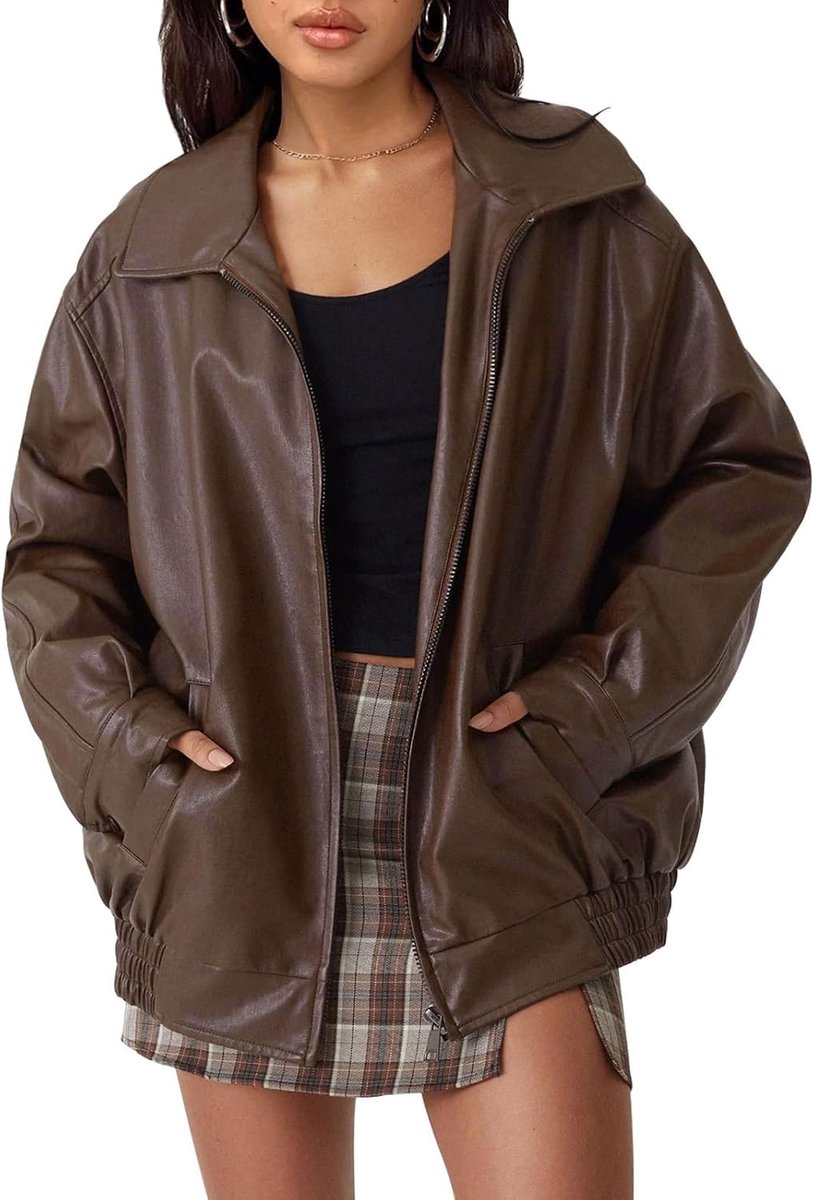 Leren jas voor dames, casual, oversized, mode, reverskraag, jas, motorjas, jas met ritssluiting, bikerjack