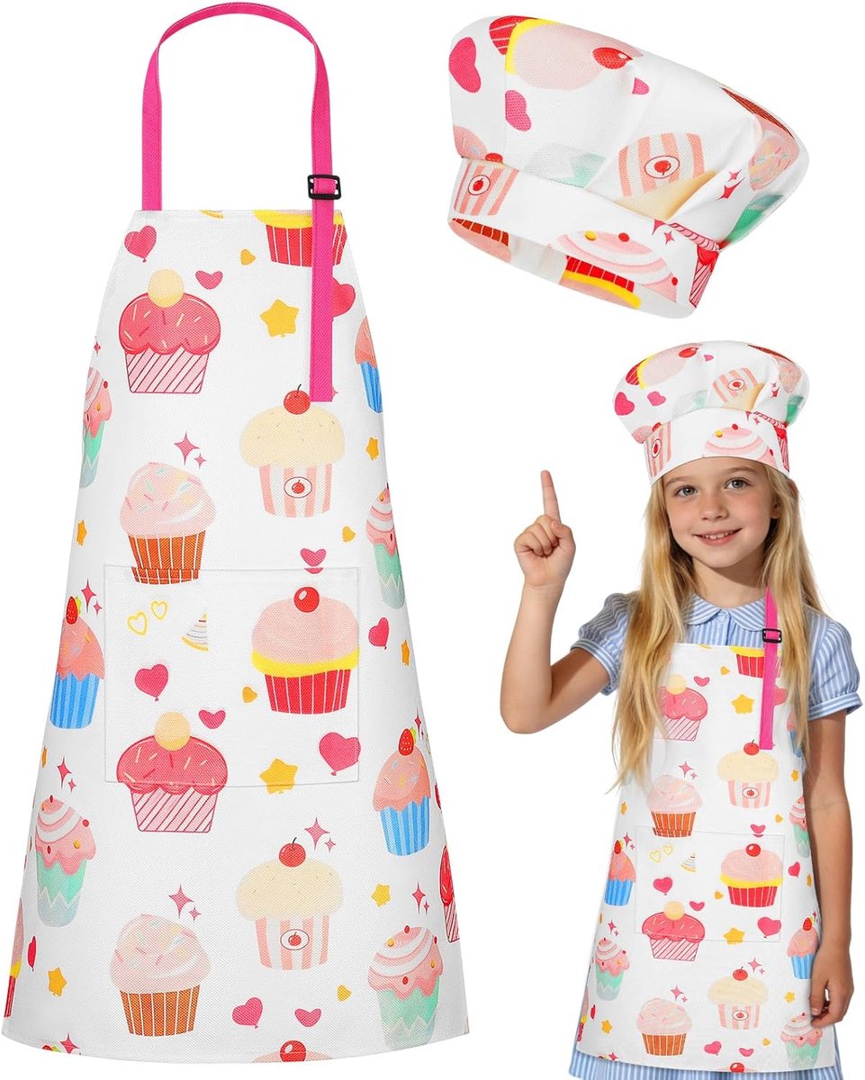 Kinderschort met koksmuts - verstelbare nekband - roze ruitpatroon - perfect voor bakken en knutselen - ShopVlot