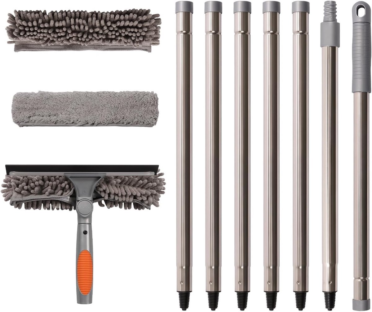 SnelShoppen - 280cm Raamreinigingsset - 2-in-1 Professionele Raamtrekker met Verlengstok - Dubbelzijdige Raamreiniger - Ideaal voor Hoogtewerk - Grijs
