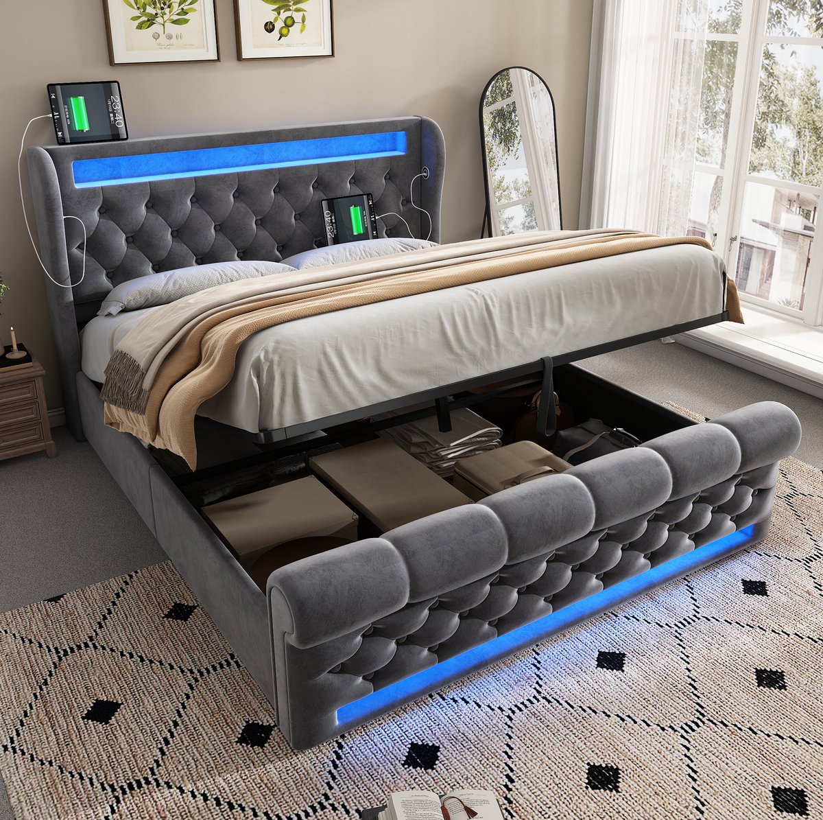 WUVRIE Tweepersoons opbergbed 140x190 cm met LED, USB en Type-C, velours bedframe met hydraulische opbergruimte, grijs