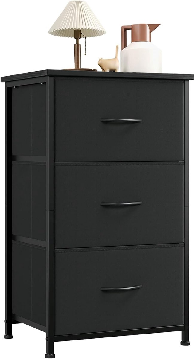 SnelShoppen - Chest of Drawers met Stofladen, Stalen Frame Dressoir, Opbergkast voor Slaapkamer, Woonkamer, Zwart, 3 Lades, 30D x 42W x 71.5H