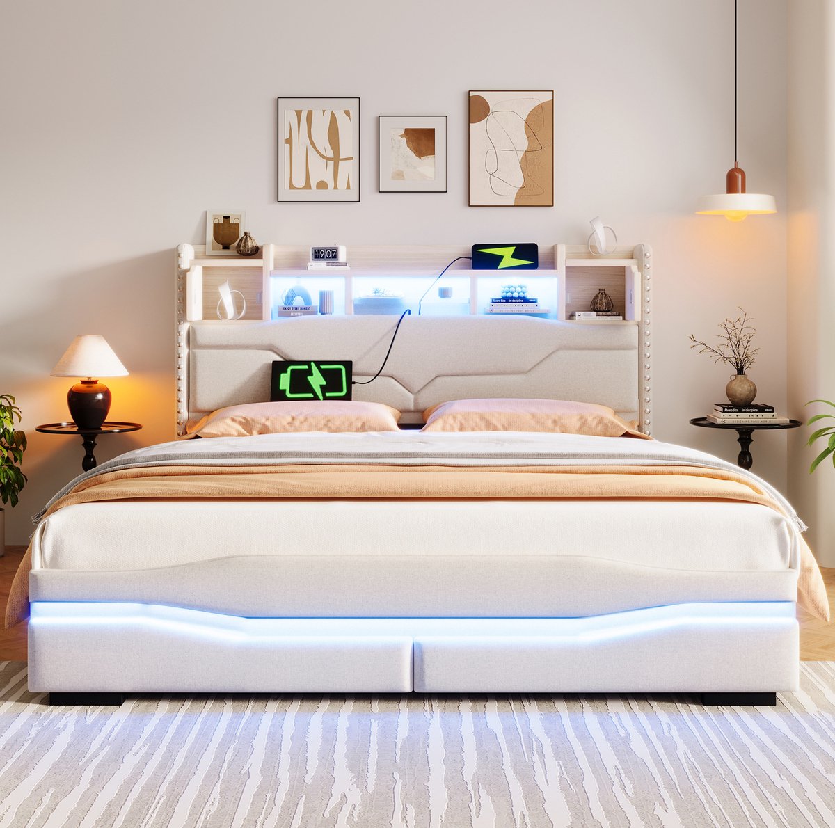 WUVRIE Gestoffeerd bedframe 160x200 cm met hydraulische opbergruimte, LED en USB-C, beige