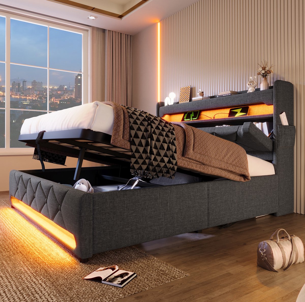WUVRIE Gestoffeerd bed 160x200 cm met hydraulische opbergruimte, LED, USB en USB-C, grijs