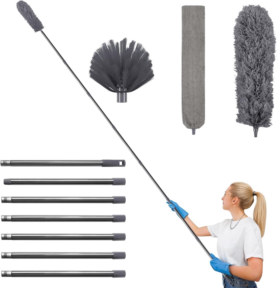 SnelShoppen - Telescopische Stofwisser 310 cm - Wasbare Broom met Buigbare Hoek en Spinnenweb Verwijderaar voor Onder de Bank, Meubels, Plafondventila