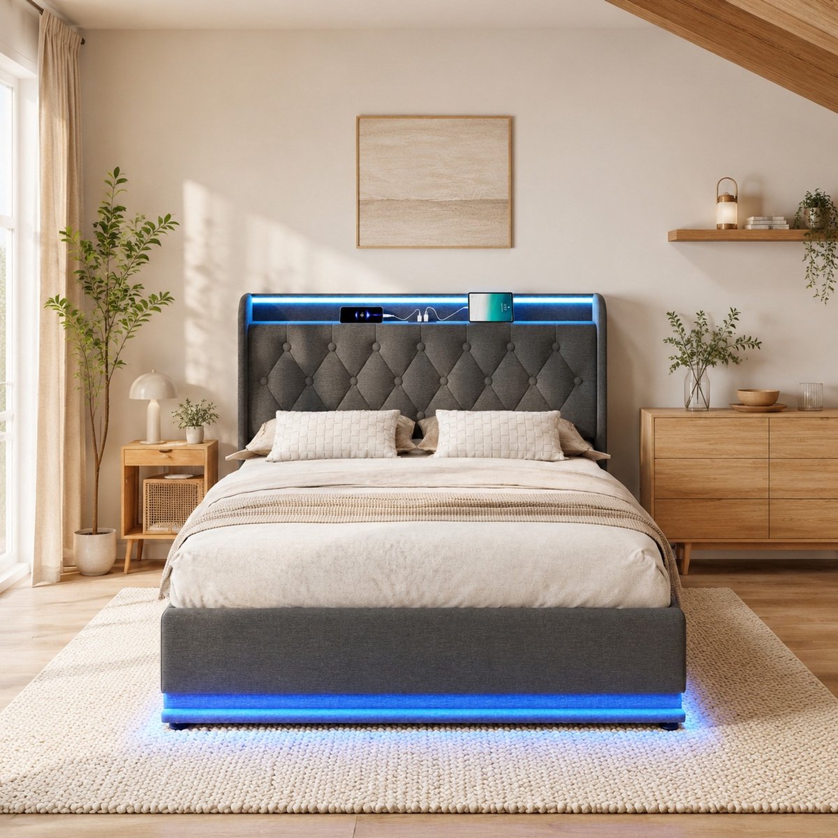WUVRIE Gestoffeerd opbergbed 160x200 cm met LED, USB-C, lattenbodem en hoofdbord, grijs