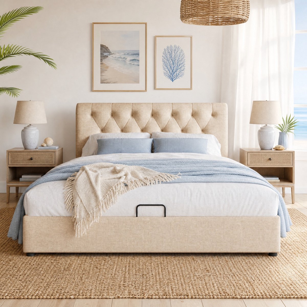 WUVRIE Tweepersoonsbed 160x200 cm met verstelbaar hoofdeinde, lattenbodem en opbergruimte, naturel
