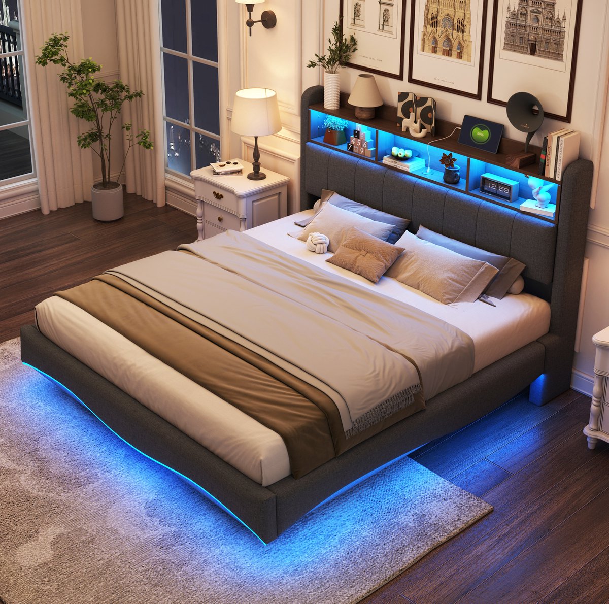 WUVRIE Gestoffeerd bed 160x200 cm met LED, USB en USB-C, hoofdbord met opbergruimte, grijs