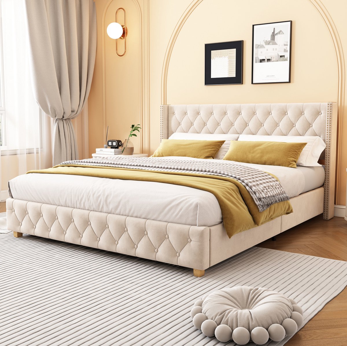 WUVRIE Gestoffeerd bed 160x200 cm met lattenbodem, hoofdbord met knopen en nageldecoratie, lichtbeige