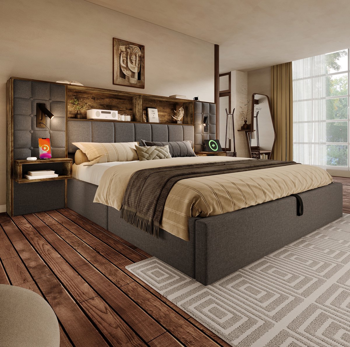 WUVRIE Opbergbed 160x200 cm met leeslampen, USB en USB-C, zwevende nachtkastjes en lattenbodem, grijs