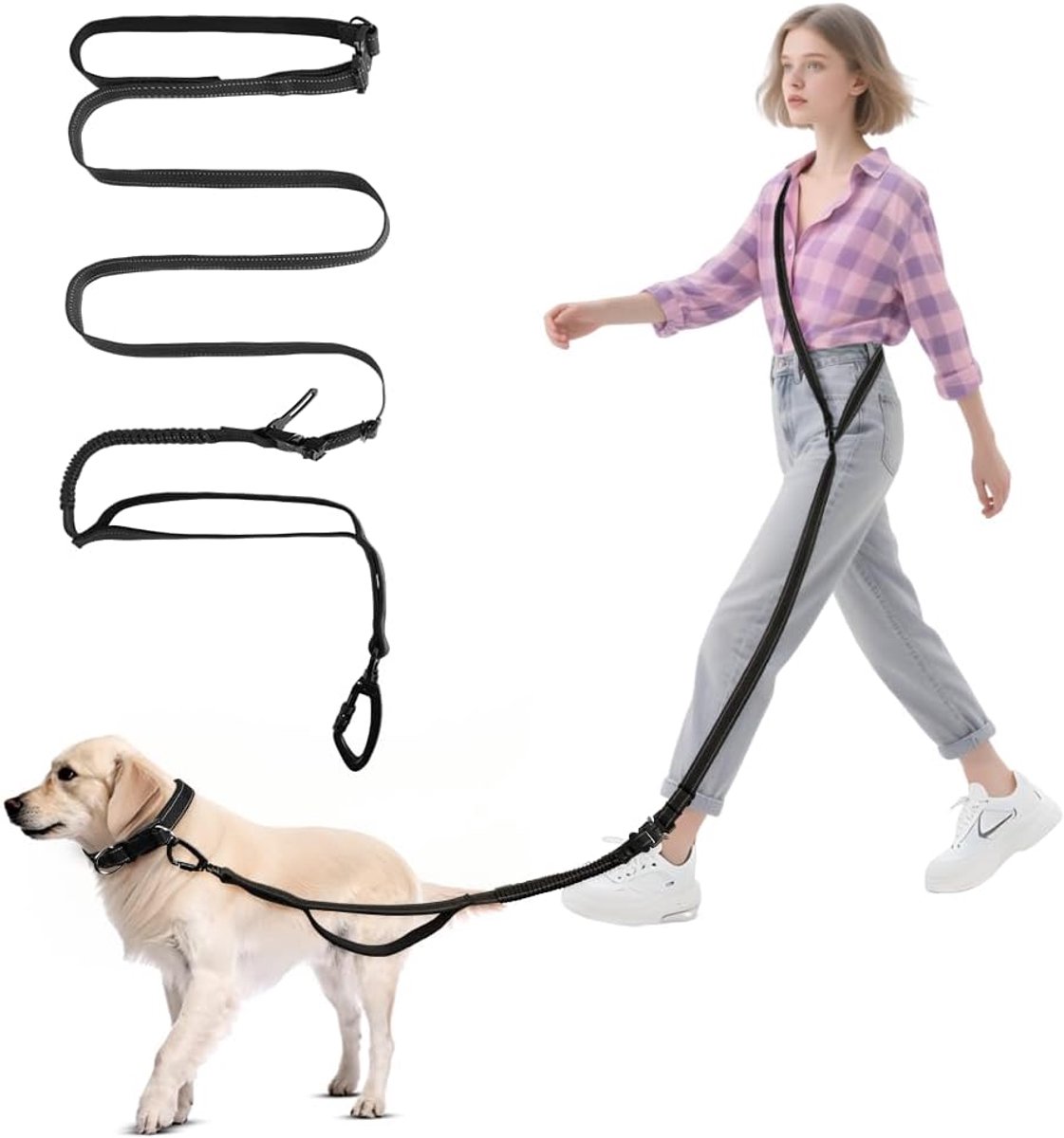 SnelShoppen - Handsfree Hondenriem Crossbody 1,9-2,6 m Met Veiligheidsgesp, Dubbelzijdige Reflecterende Steek, Gewatteerde Handgreep Voor Grote, Midde