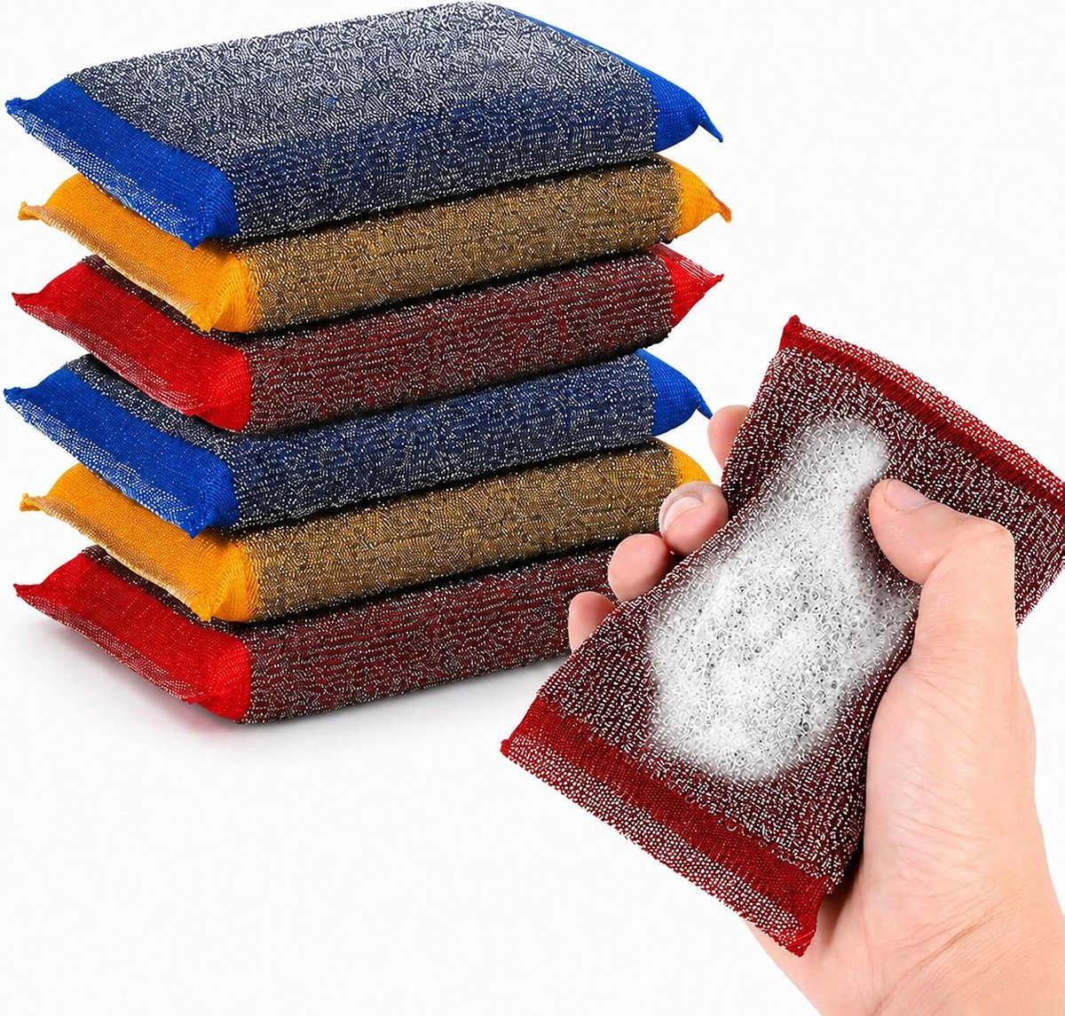 Spons van roestvrij staal, krasbestendig, voor potten, pannen en bakplaten, duurzaam, voor vet en brandwonden, multifunctionele reinigingssponzen voor keuken en huishouden, 6 stuks