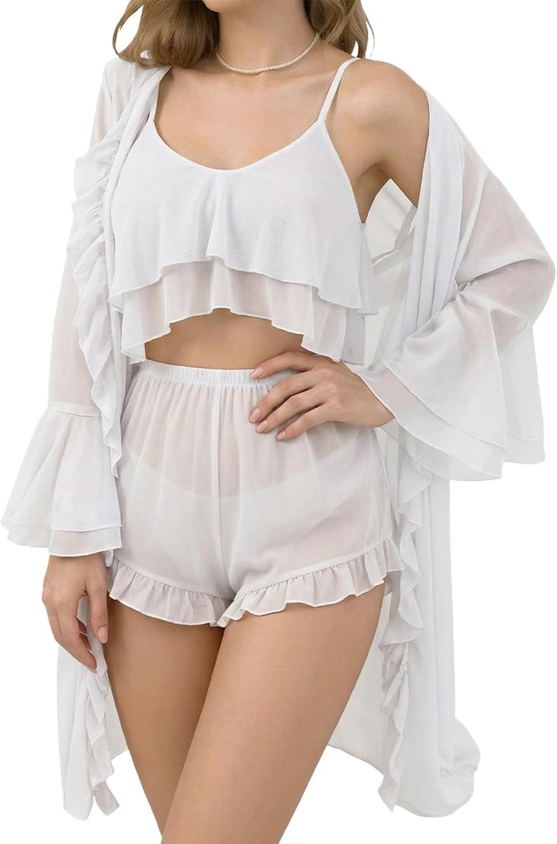 Lingerieset voor dames, 3-delig, kanten pyjama, nachtkleding met mouwloze tanktop en shorts, gewaad, nachthemd, S-XL