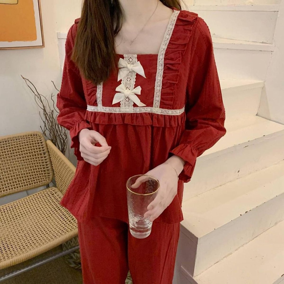 Pyjama Set Met Ruches En Kant - Dames Katoenen Strik Vierkante Hals Homewear Modieus Prinses Met Lange Mouwen Nachtkleding,Effen Kleur Zachte Nachtkleding Knop Omhoog Versie Nachtkleding Lounge