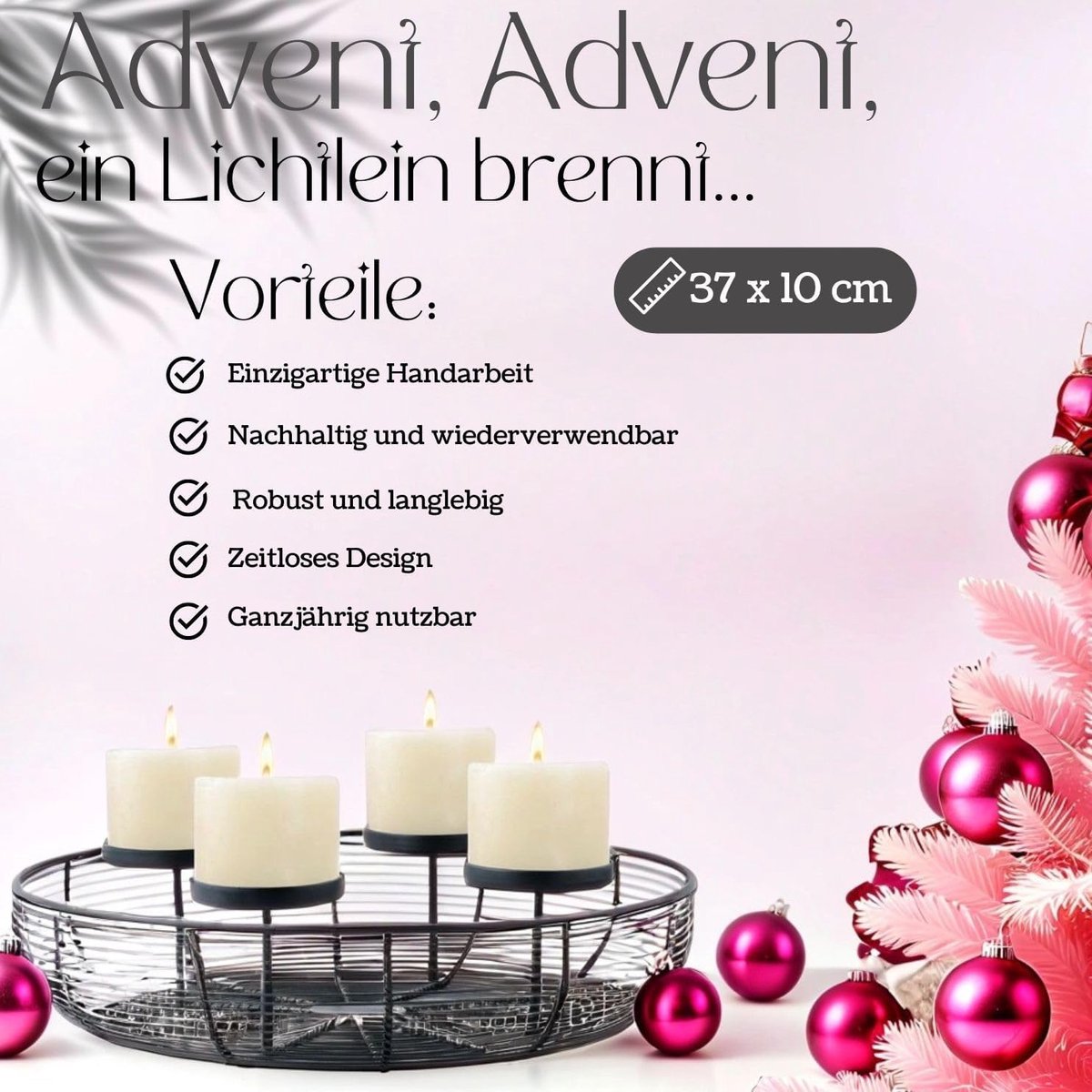 Decoratie: adventskrans, kandelaar, kerstversiering, bol, zwart