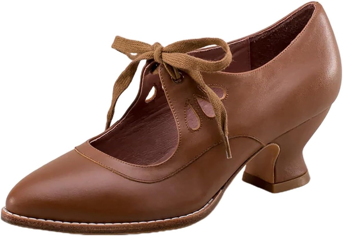 Jane-pumps met gesloten ronde neus voor dames met veters, vintage retroschoenen in klassieke stijl, elegante comfortabele hakschoenen als ideale dans- en festivalschoenen voor de zomer