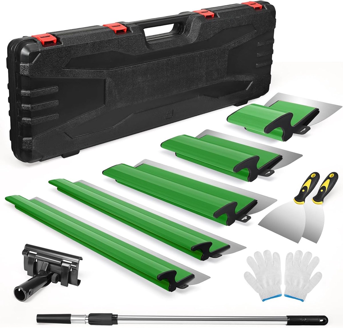 Set, incl. 5 x vlakschraper (190 mm halve maan, 250 mm, 400 mm, 600 mm, 800 mm) met reservemesjes – 2 x handschraper – aluminium telescoopstang Surface Spatula Set (groen)