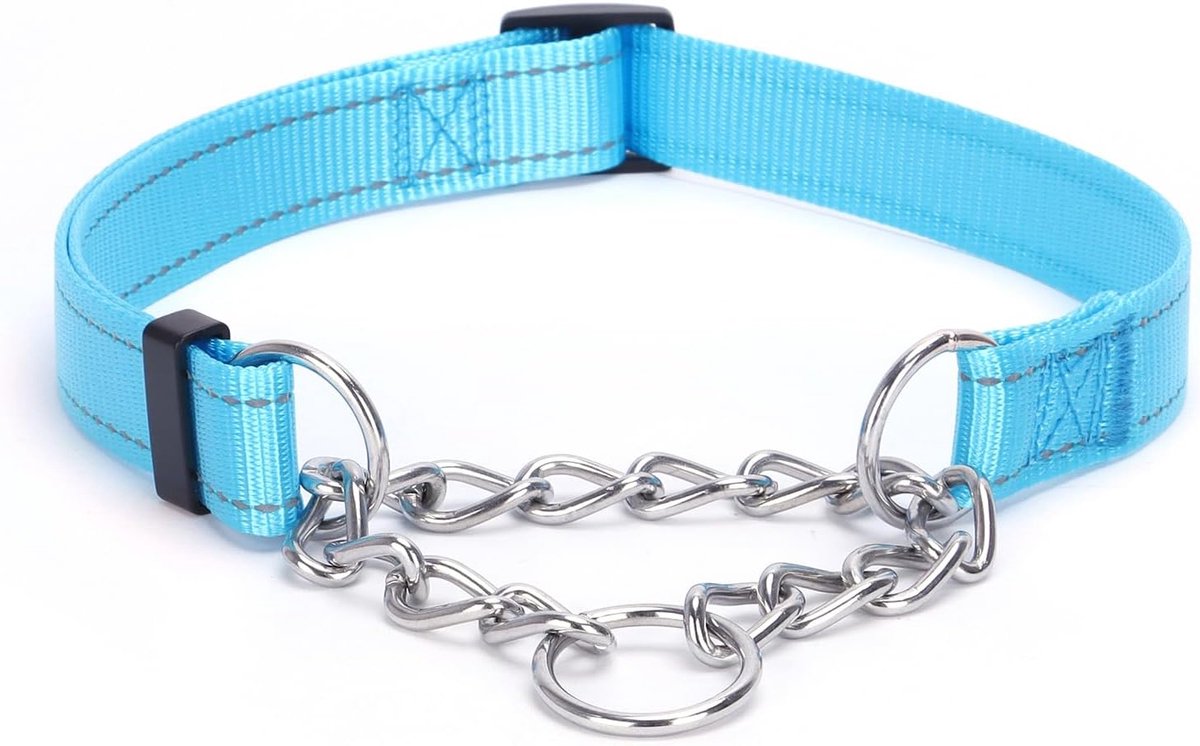 Halsband, roestvrij stalen ketting, martingaalhalsband met reflecterend, verstelbaar, voor middelgrote en grote honden (lichtblauw, L)