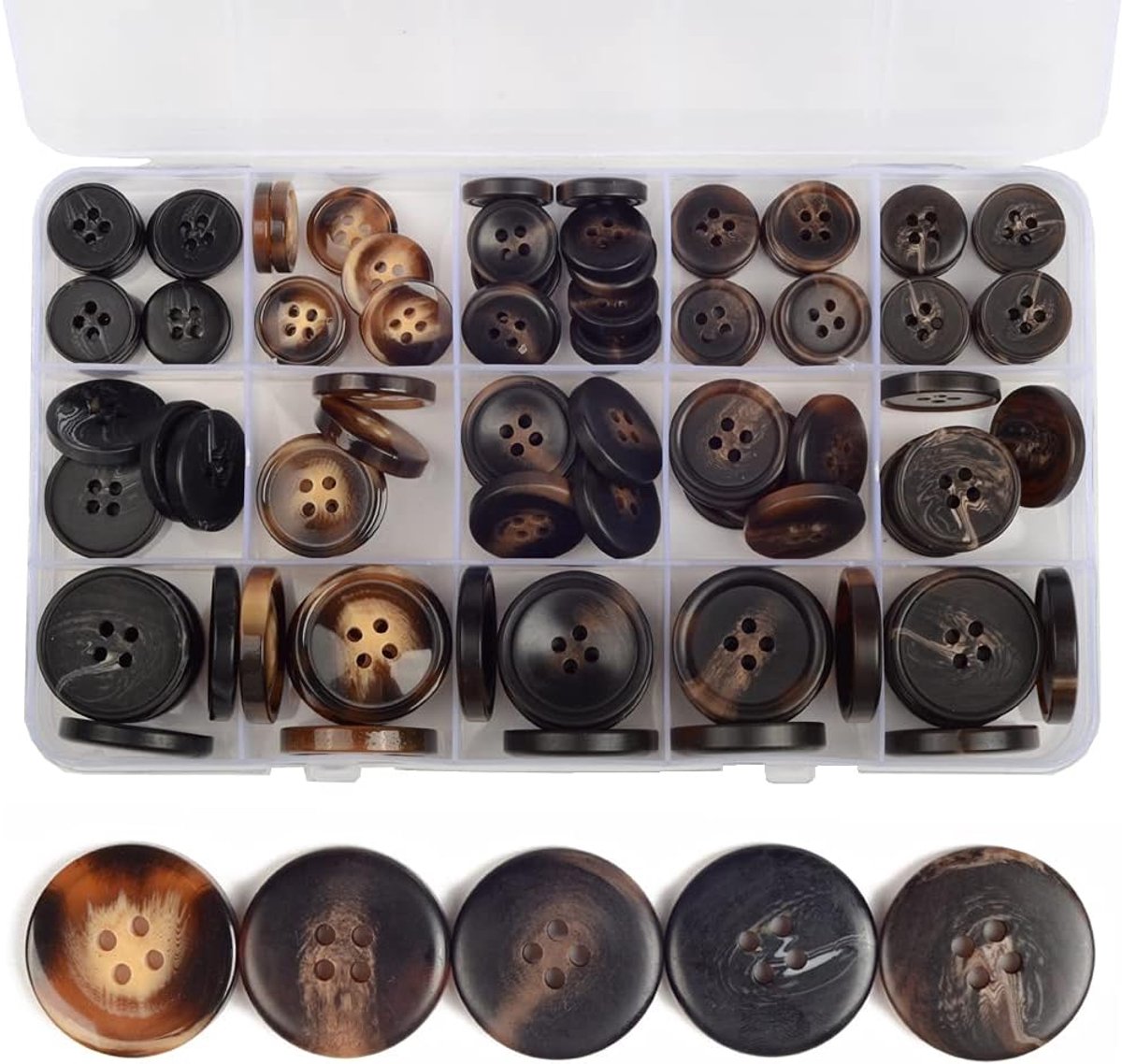 110 stuks gemengde naaiknoppen, 4-gaats ambachtelijke ronde blazerknoppen, 5 kleuren 3 maten (15 mm, 20 mm, 25 mm) pak jassen hars knop, geschikt voor verschillende kleding naaien,