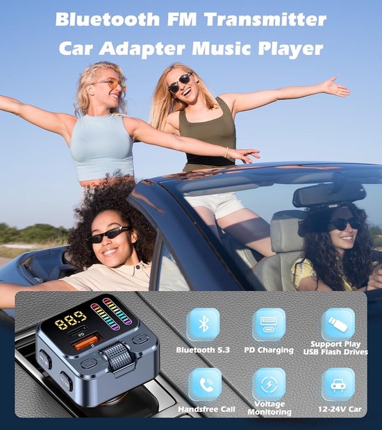 Bluetooth 5.3 FM Transmitter Auto - 42W PD Snellader - USB-C & AUX - Handsfree Bellen - LED Beat Sync - Geschikt voor 12V-24V Voertuigen - Bluetooth Muziekadapter — afbeelding 2