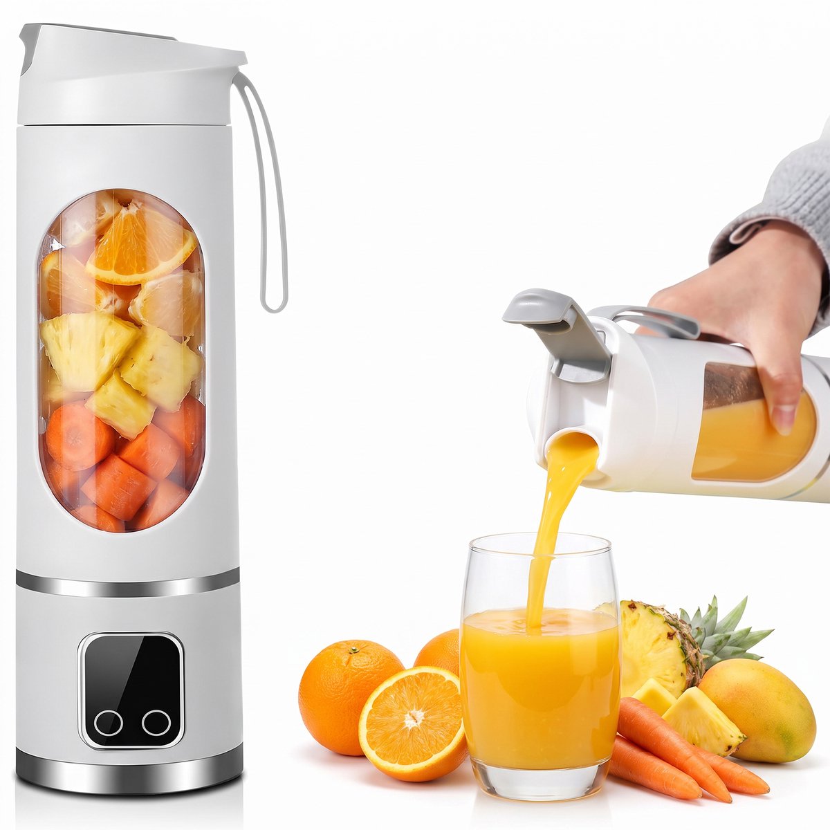 Draagbare blender - 450 ml - USB-oplaadbare smoothiemaker met 12 messen en LED-display - Drinkdeksel, siliconen draaglus - Wit - 500g Lichtgewicht - 3 Snelheden - 12000 RPM Smoothie Maker - To-Go Beker voor Shakes - Sport - Reizen - Kantoor